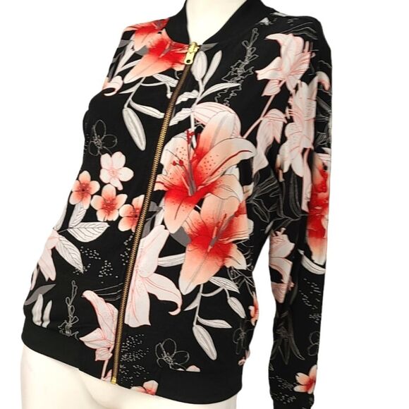 IMAN Jacket Womens XS Silky Floral Zippered Varsity - Picture 3 of 7